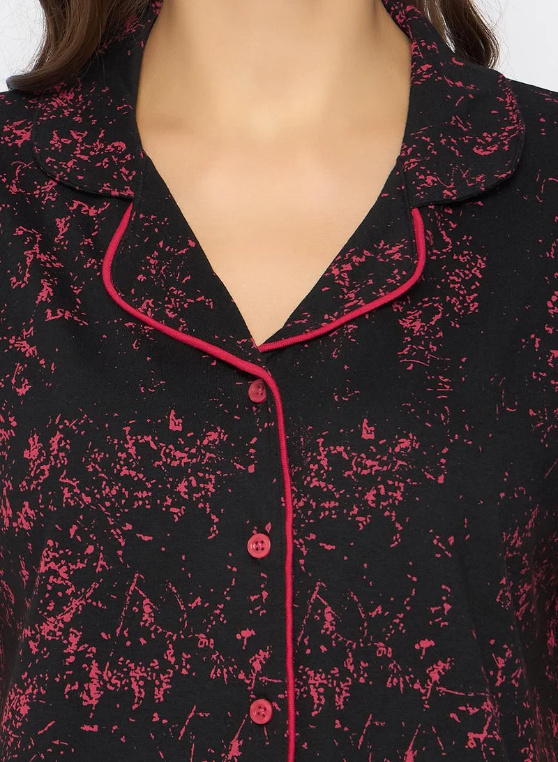 Clovia Black Printed Button Down Night Suit in Black - 100% Cotton for Women | Best Price UAE